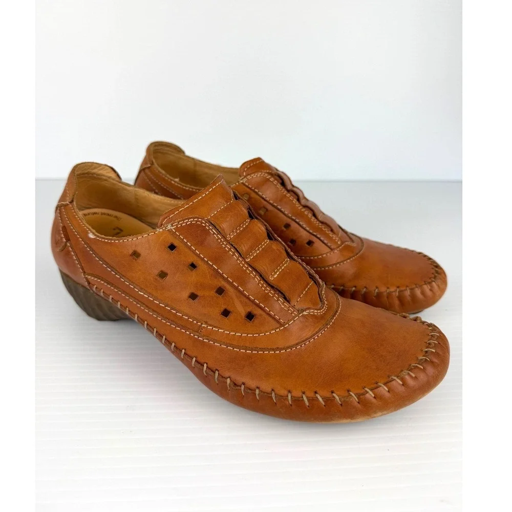 Pikolinos Tan Leather Whipstitch‎ Loafers Womens EU 40 Gran Via Slip On Shoes